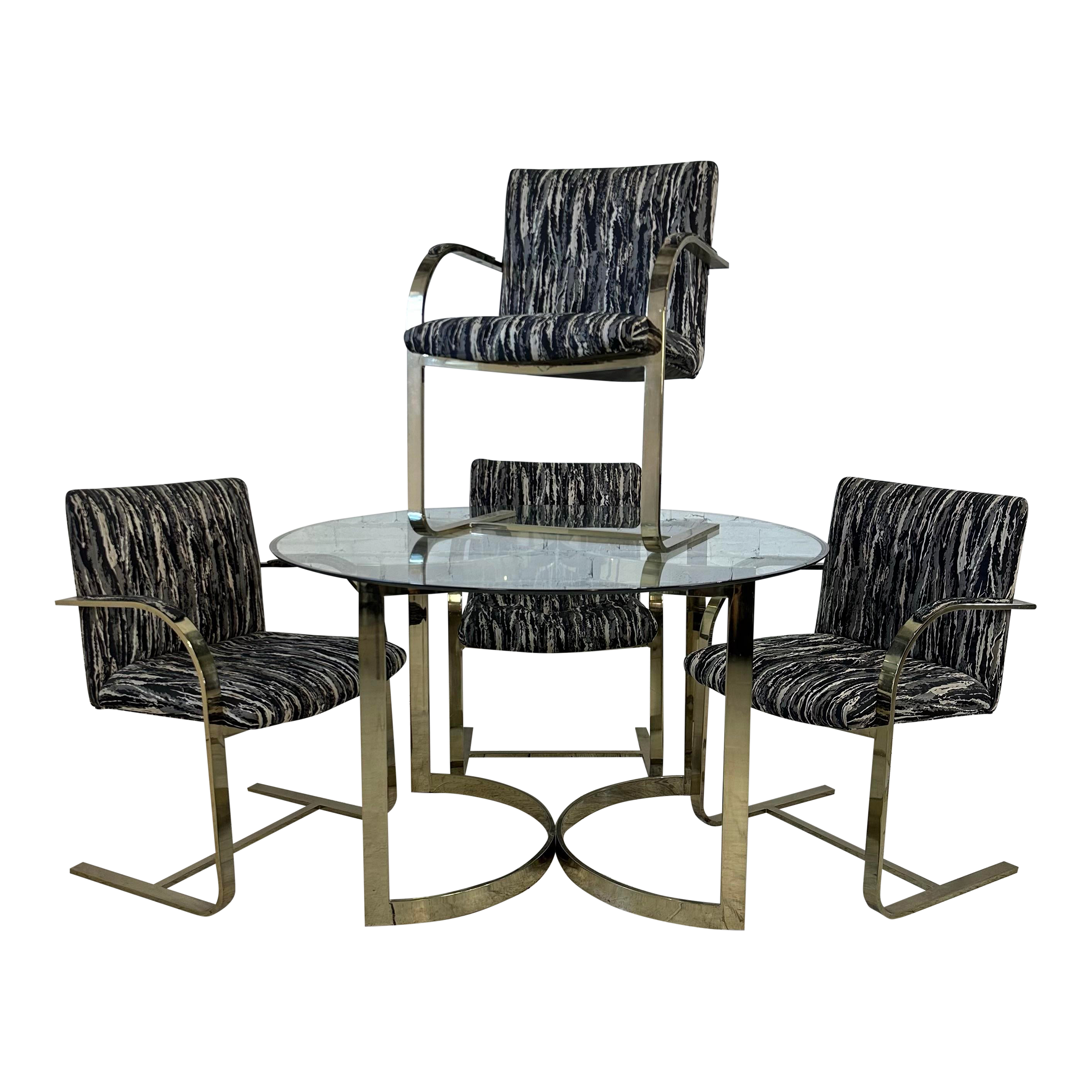 Glass and Brass Dining Set With Four Chairs Knoll Style Flat Bar Milo Baughman