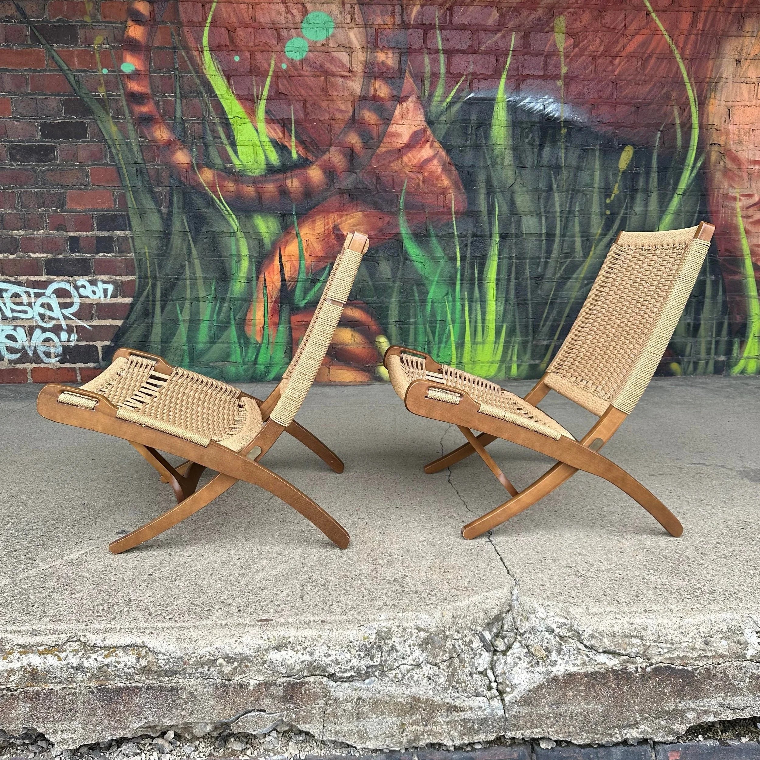 Hans Werner Style Danish Cord Wrapped Folding Chairs