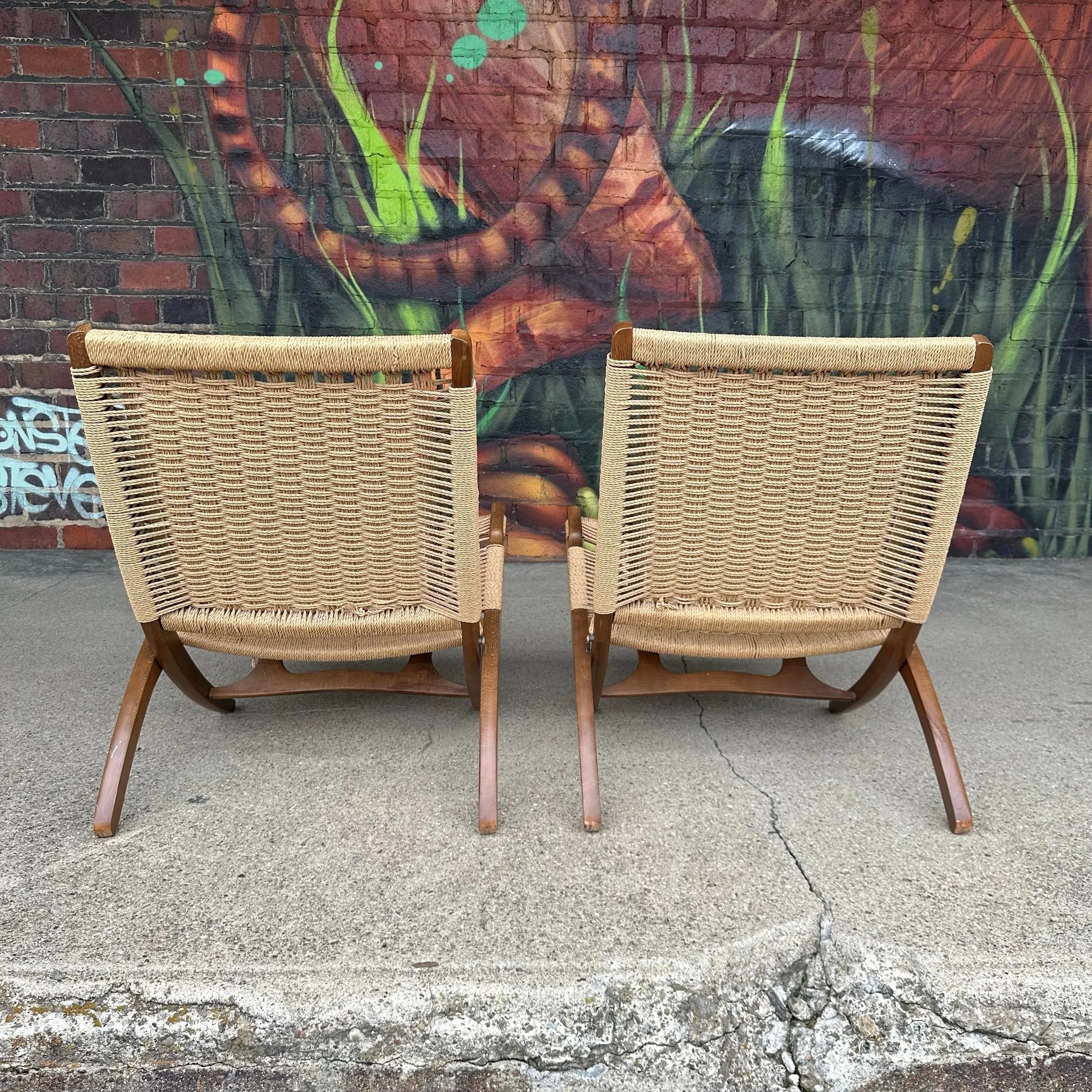 Hans Werner Style Danish Cord Wrapped Folding Chairs