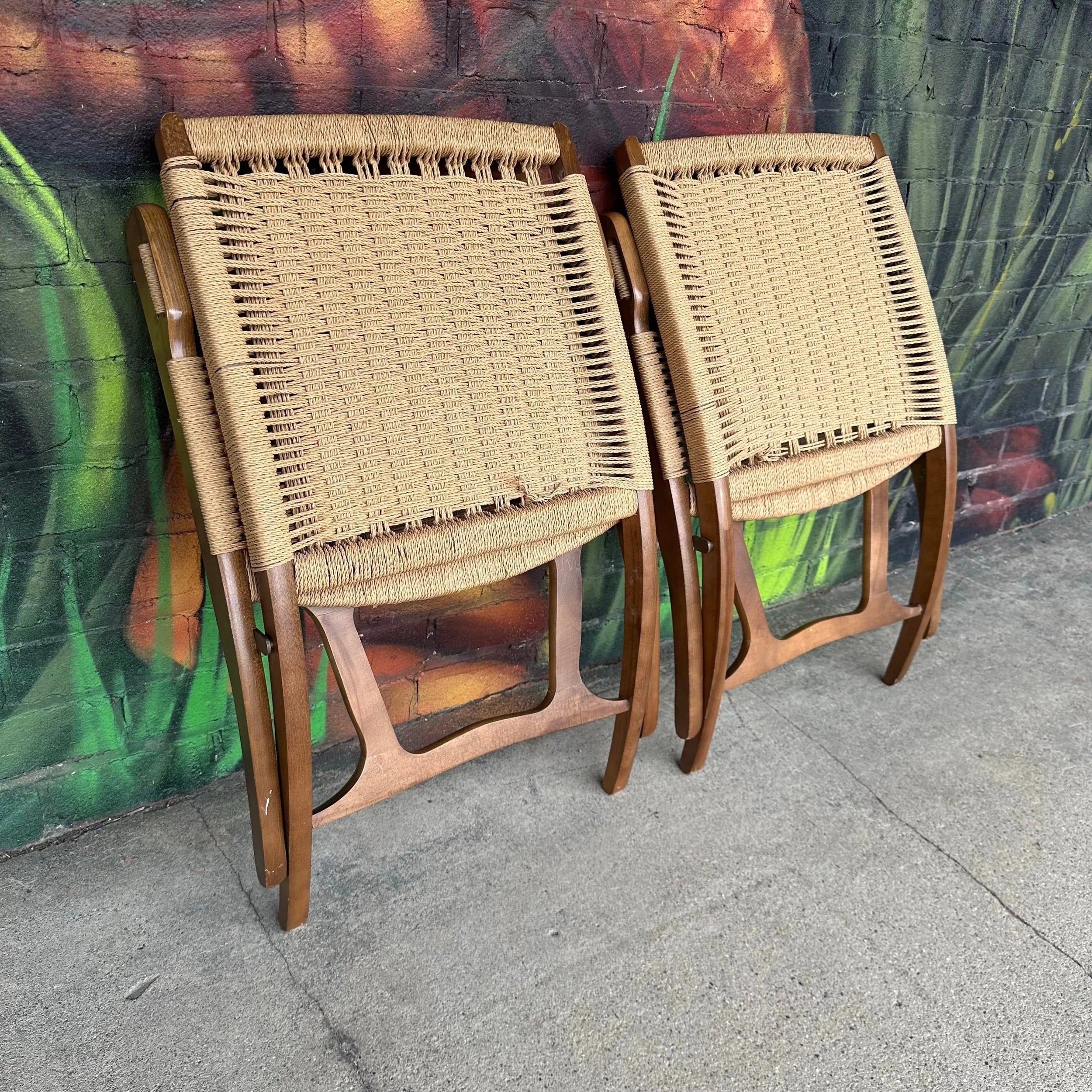 Hans Werner Style Danish Cord Wrapped Folding Chairs