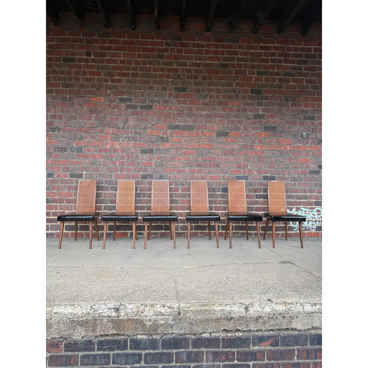 Harvey Probber Set of 6 Patent Leather and Cane Dining Chairs
