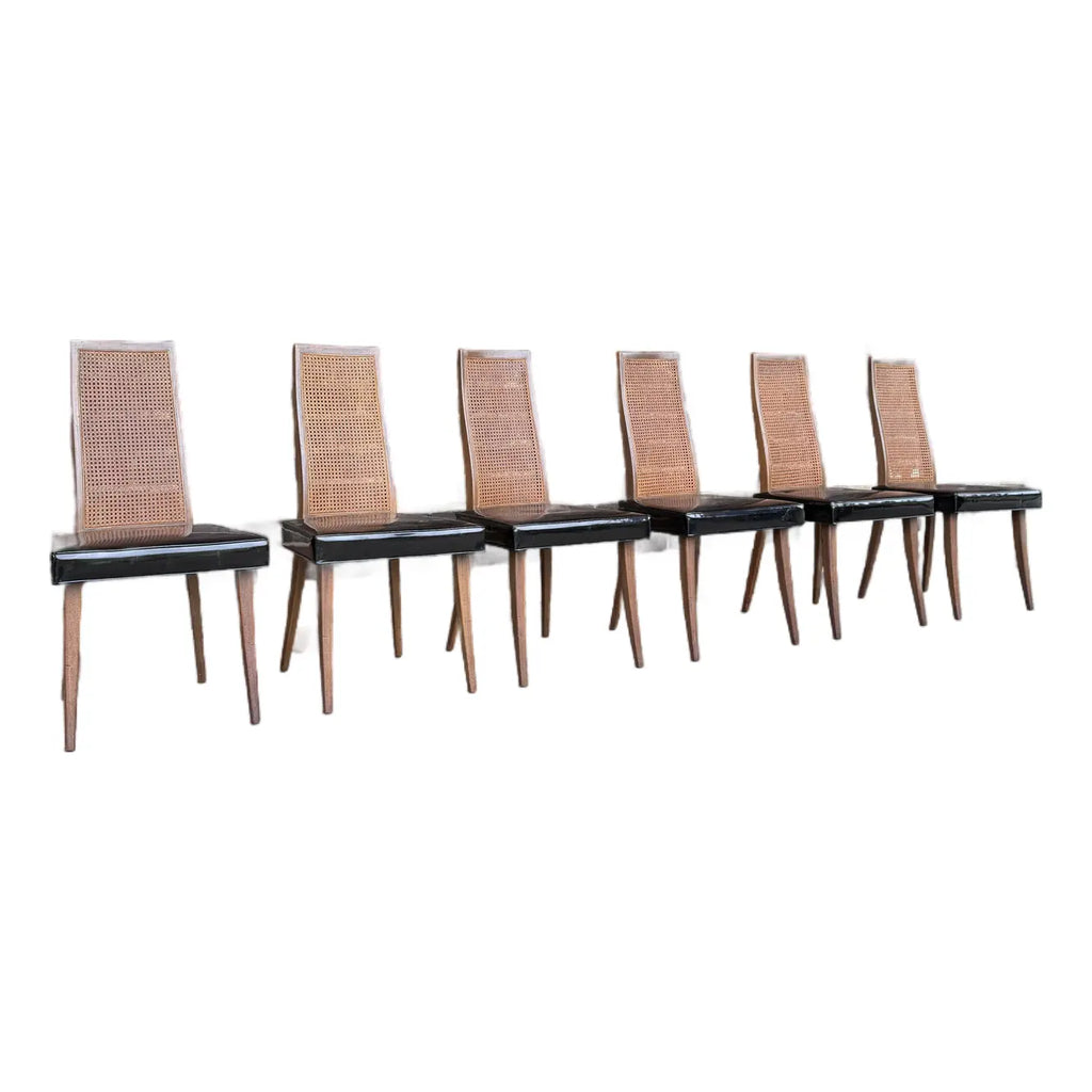 Harvey Probber Set of 6 Patent Leather and Cane Dining Chairs