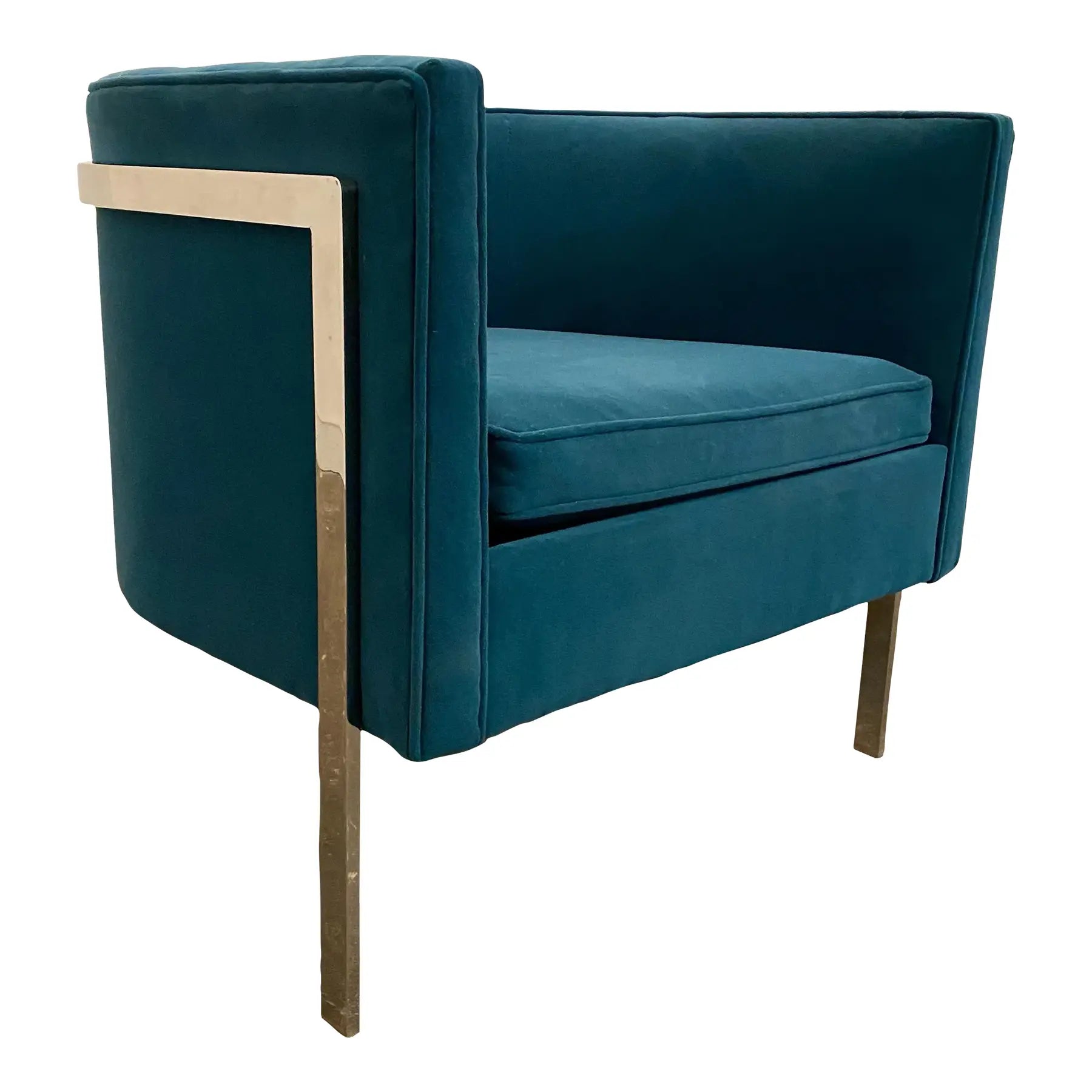 Harvey Probber Style Teal and Polished Solid Steel 3 Leg Frame Barrel Chair