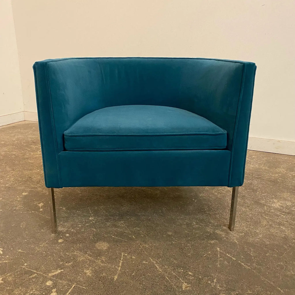 Harvey Probber Style Teal and Polished Solid Steel 3 Leg Frame Barrel Chair
