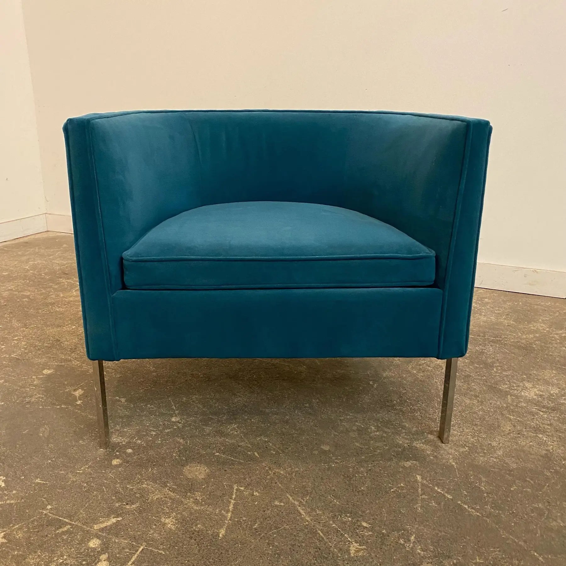 Harvey Probber Style Teal and Polished Solid Steel 3 Leg Frame Barrel Chair