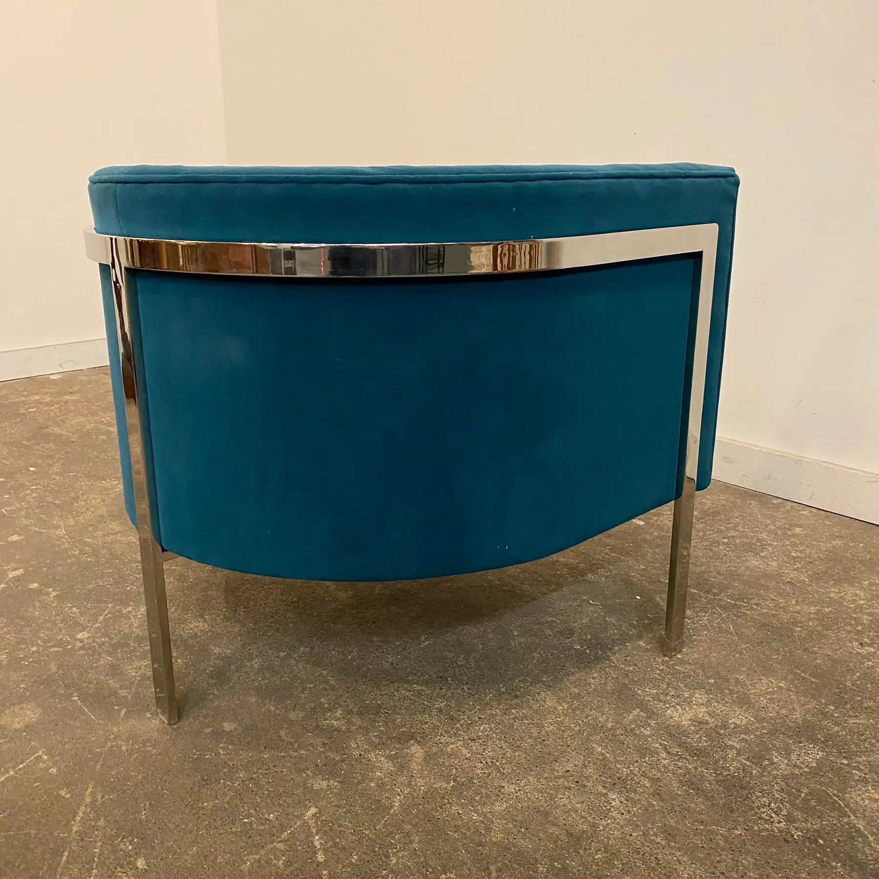 Harvey Probber Style Teal and Polished Solid Steel 3 Leg Frame Barrel Chair