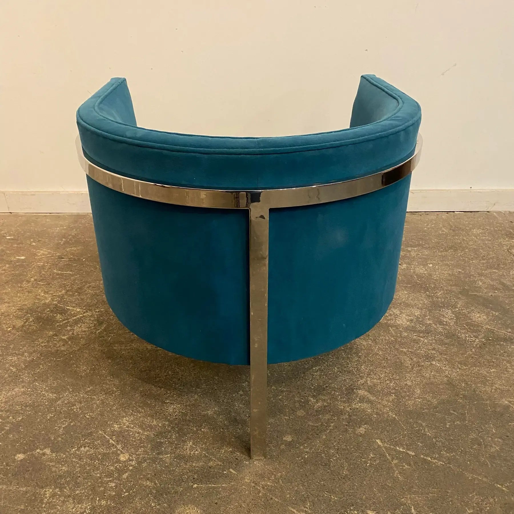 Harvey Probber Style Teal and Polished Solid Steel 3 Leg Frame Barrel Chair