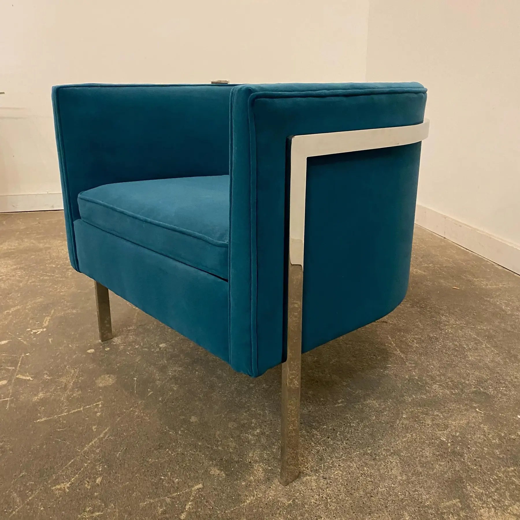 Harvey Probber Style Teal and Polished Solid Steel 3 Leg Frame Barrel Chair