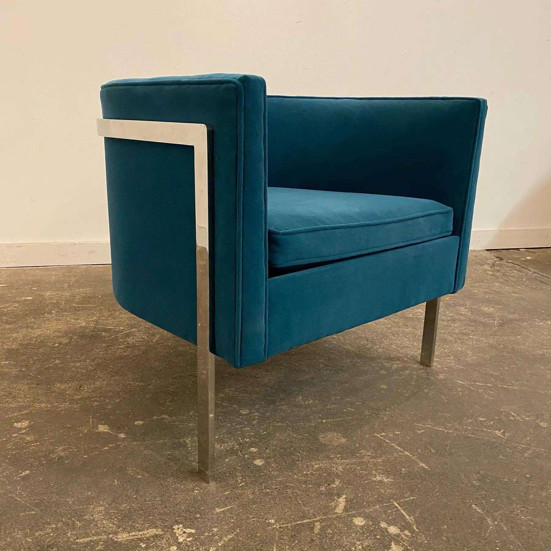 Harvey Probber Style Teal and Polished Solid Steel 3 Leg Frame Barrel Chair