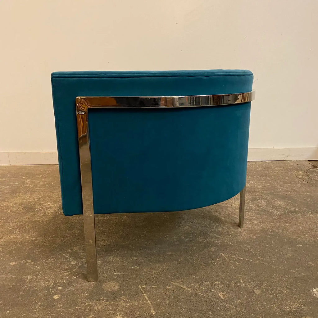 Harvey Probber Style Teal and Polished Solid Steel 3 Leg Frame Barrel Chair
