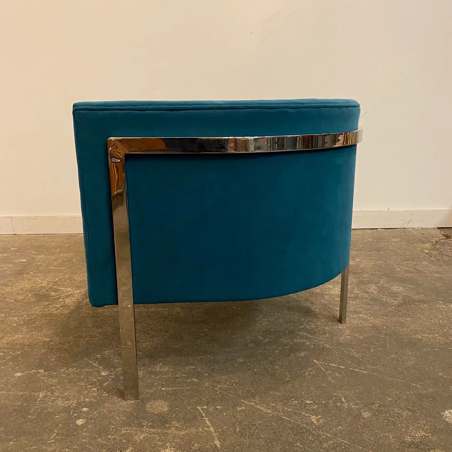 Harvey Probber Style Teal and Polished Solid Steel 3 Leg Frame Barrel Chair