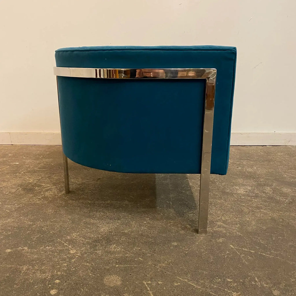 Harvey Probber Style Teal and Polished Solid Steel 3 Leg Frame Barrel Chair