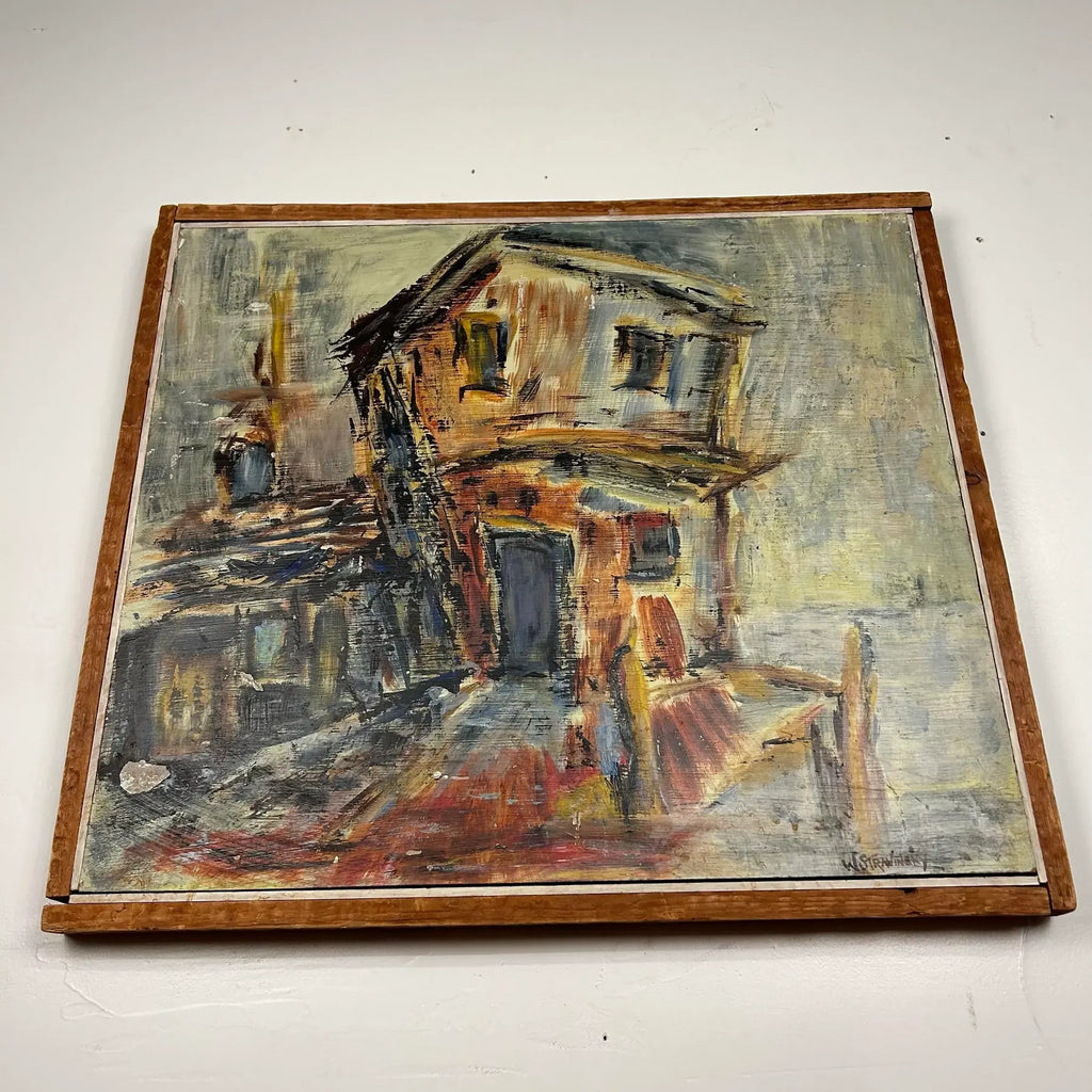 House on Dock w.m. Stravinsky Framed Painting 1979