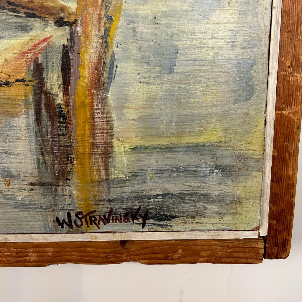 House on Dock w.m. Stravinsky Framed Painting 1979