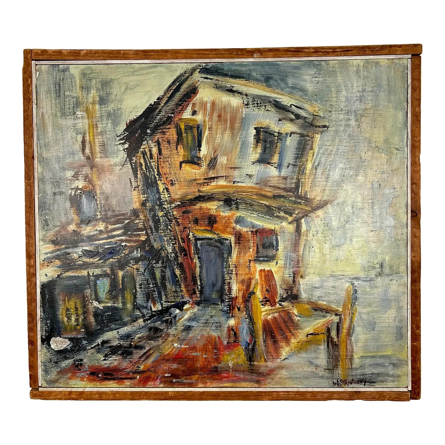 House on Dock w.m. Stravinsky Framed Painting 1979