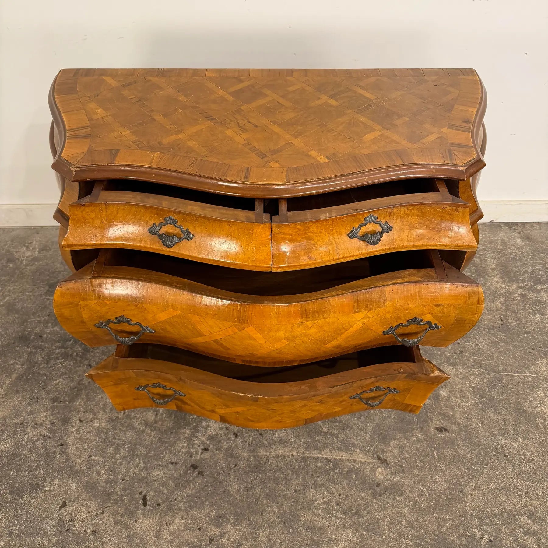 Italian Parquet Burl Wood Bombe Style Chest of Drawers