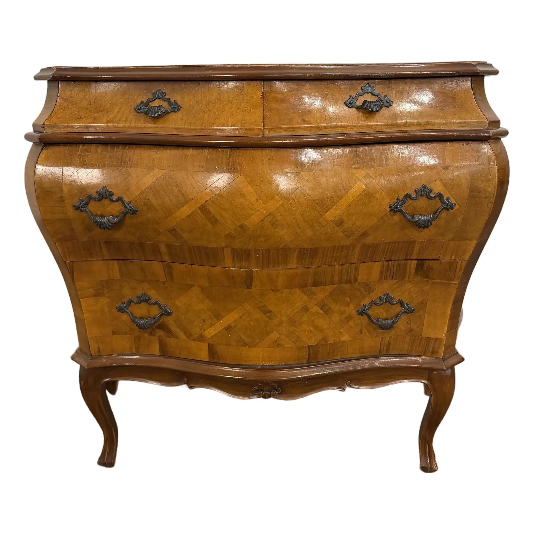 Italian Parquet Burl Wood Bombe Style Chest of Drawers