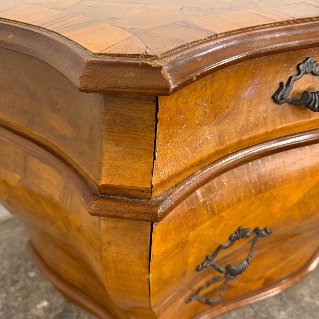 Italian Parquet Burl Wood Bombe Style Chest of Drawers