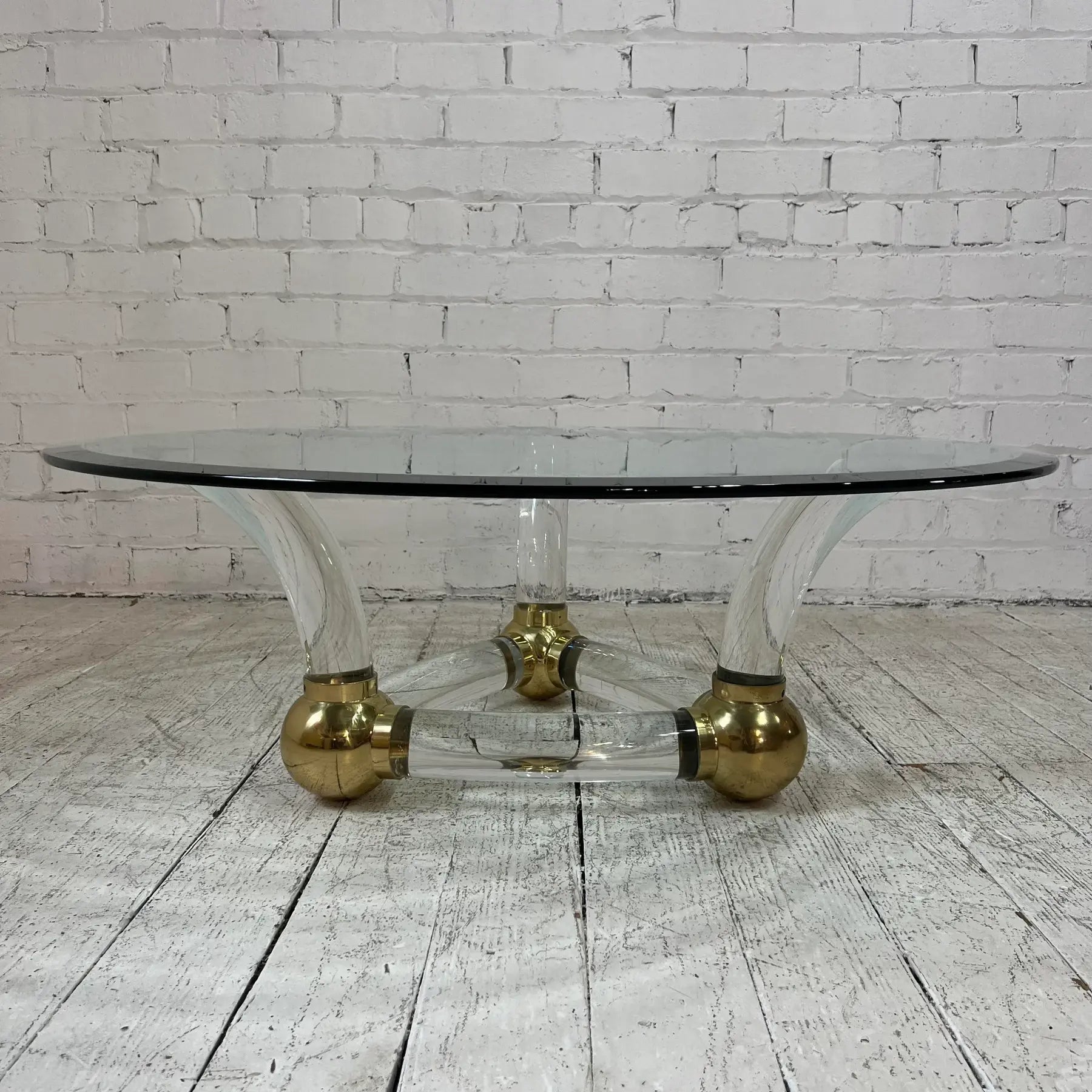 Karl Springer Style Post Modern Circular Glass Coffee Table Lucite and Brass