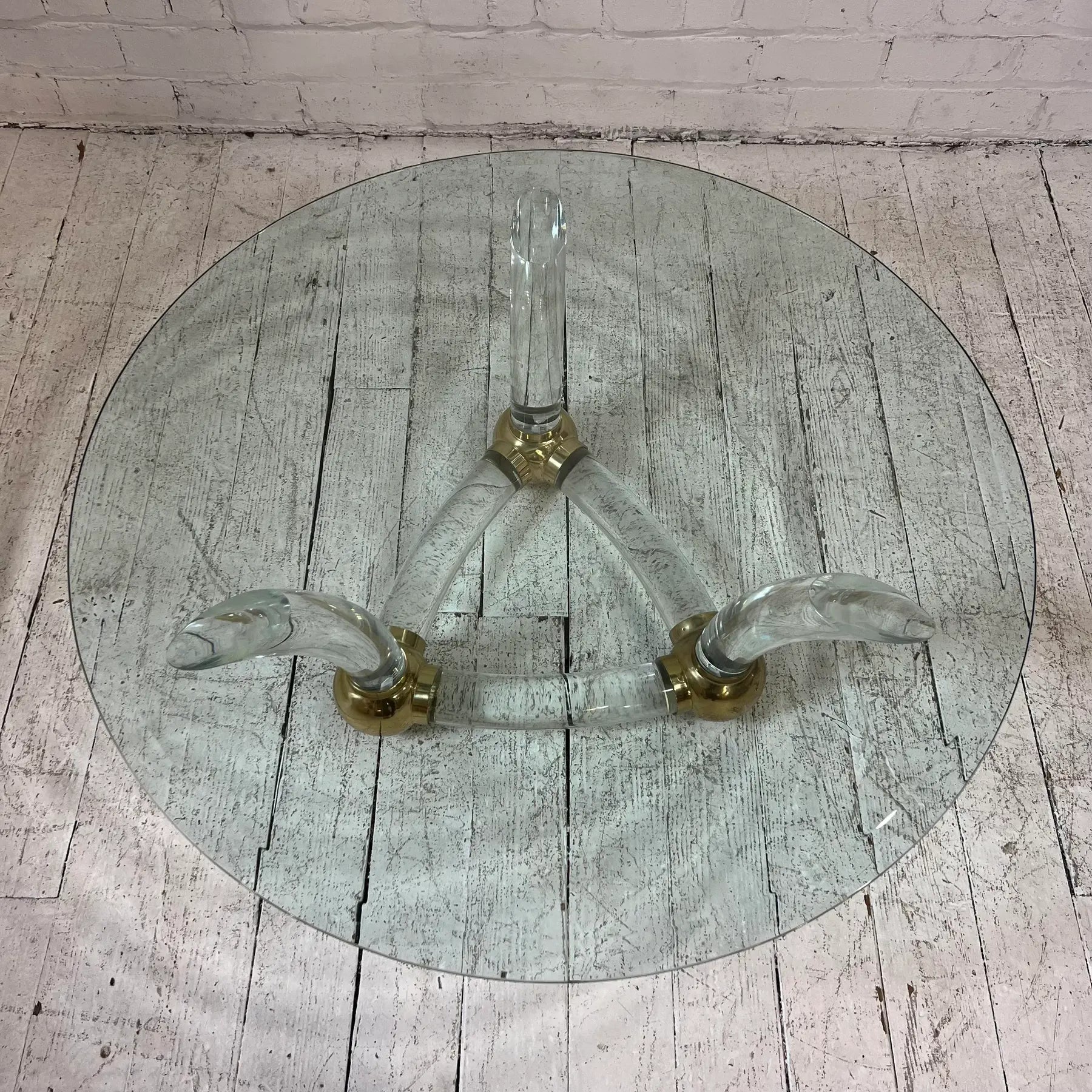 Karl Springer Style Post Modern Circular Glass Coffee Table Lucite and Brass