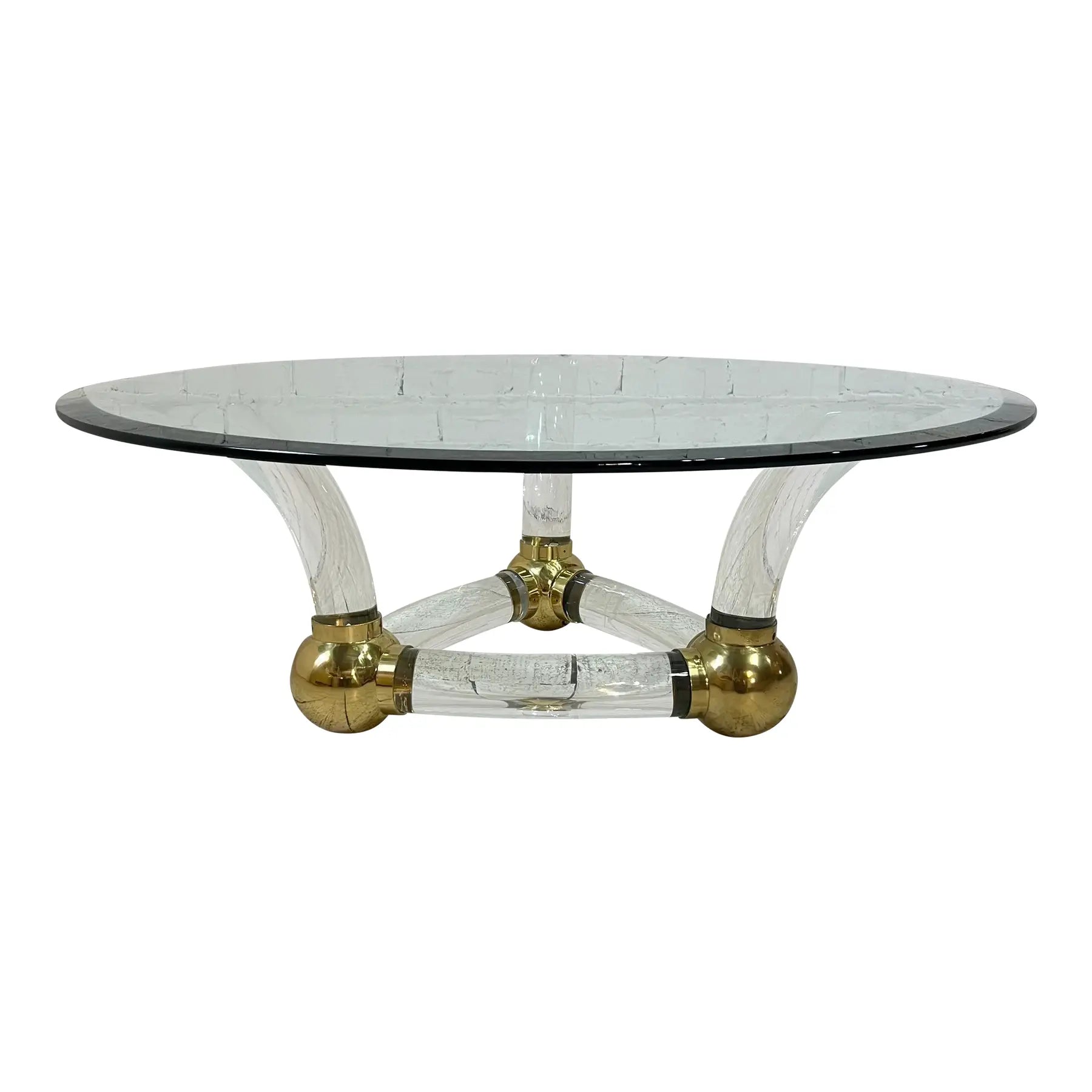 Karl Springer Style Post Modern Circular Glass Coffee Table Lucite and Brass