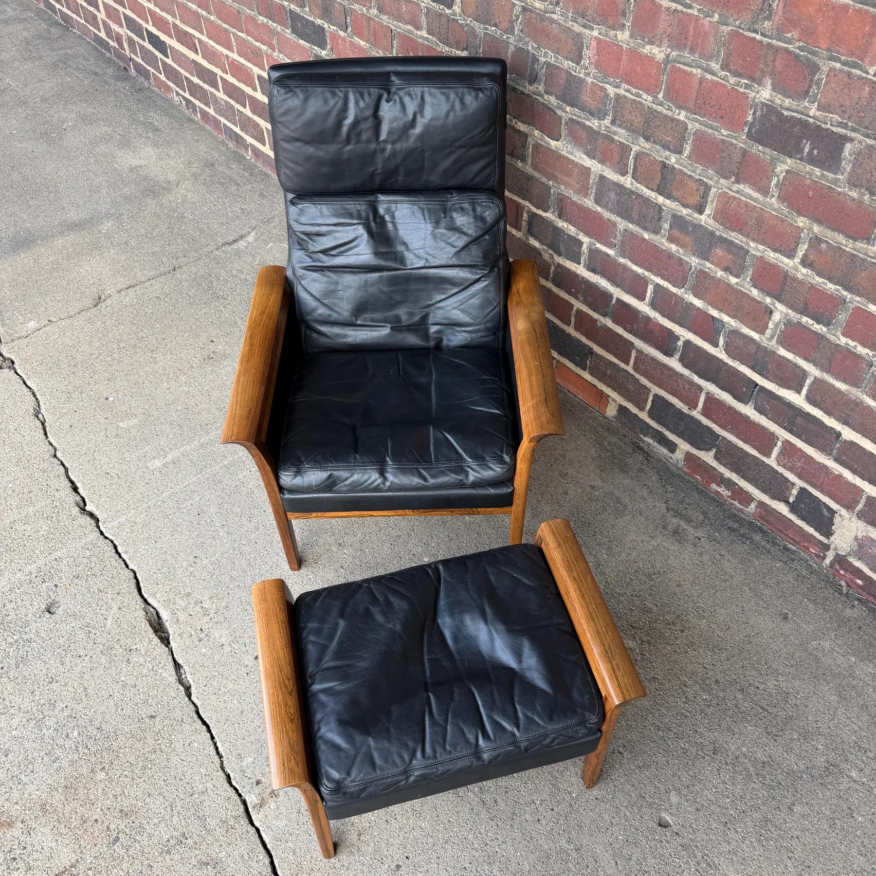 Knud Sæter Mid-Century Rosewood and Black Leather Lounge Chair and Ottoman