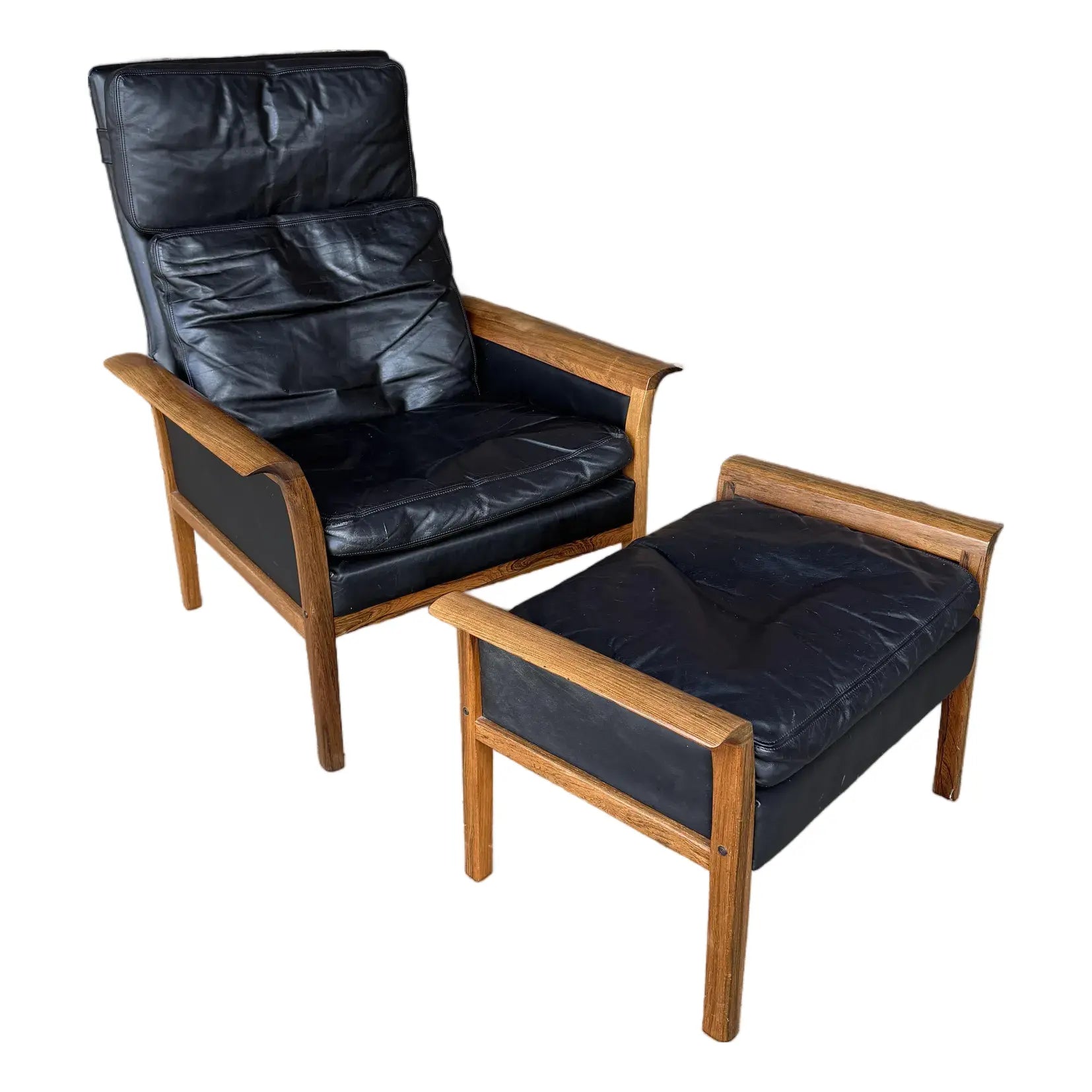 Knud Sæter Mid-Century Rosewood and Black Leather Lounge Chair and Ottoman