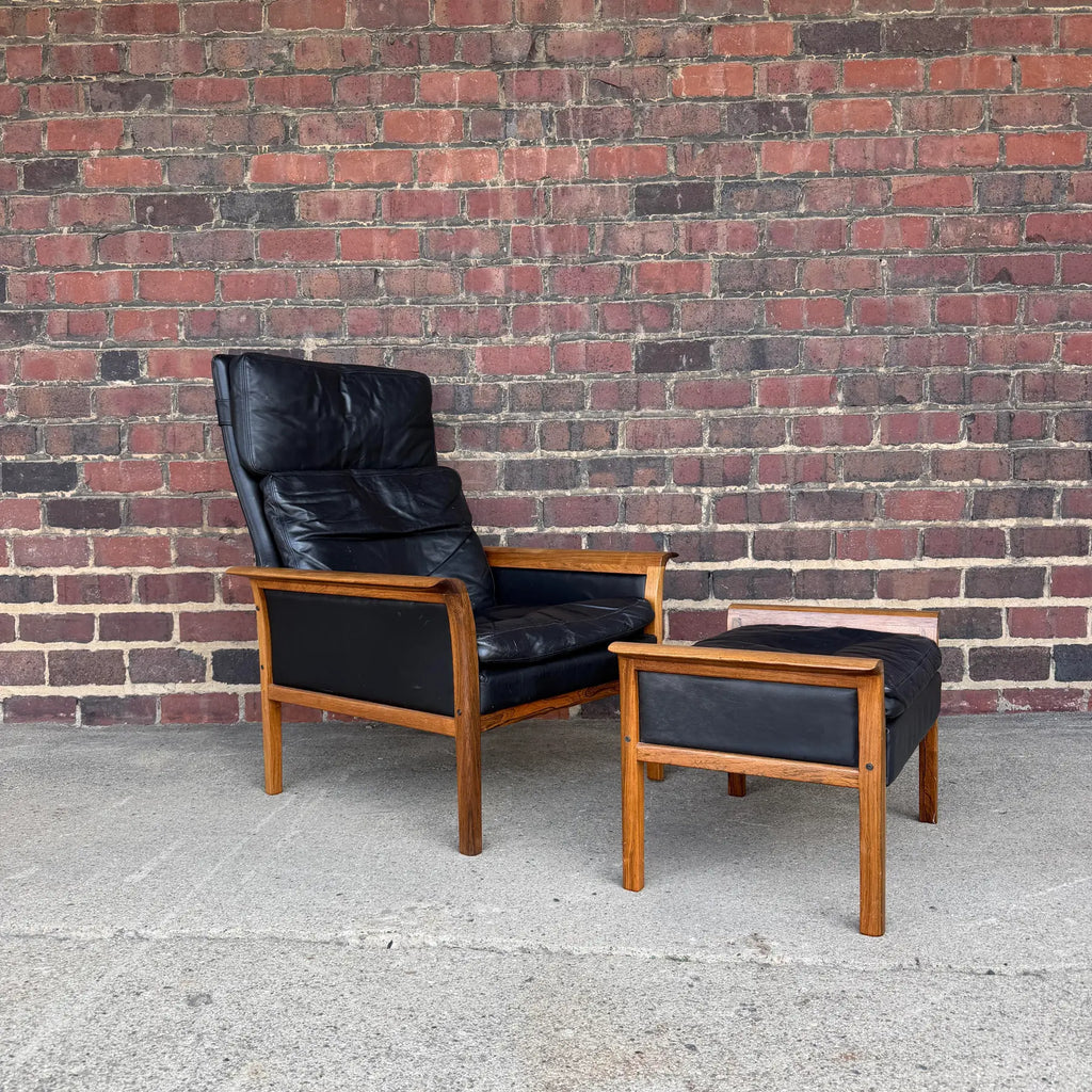 Knud Sæter Mid-Century Rosewood and Black Leather Lounge Chair and Ottoman