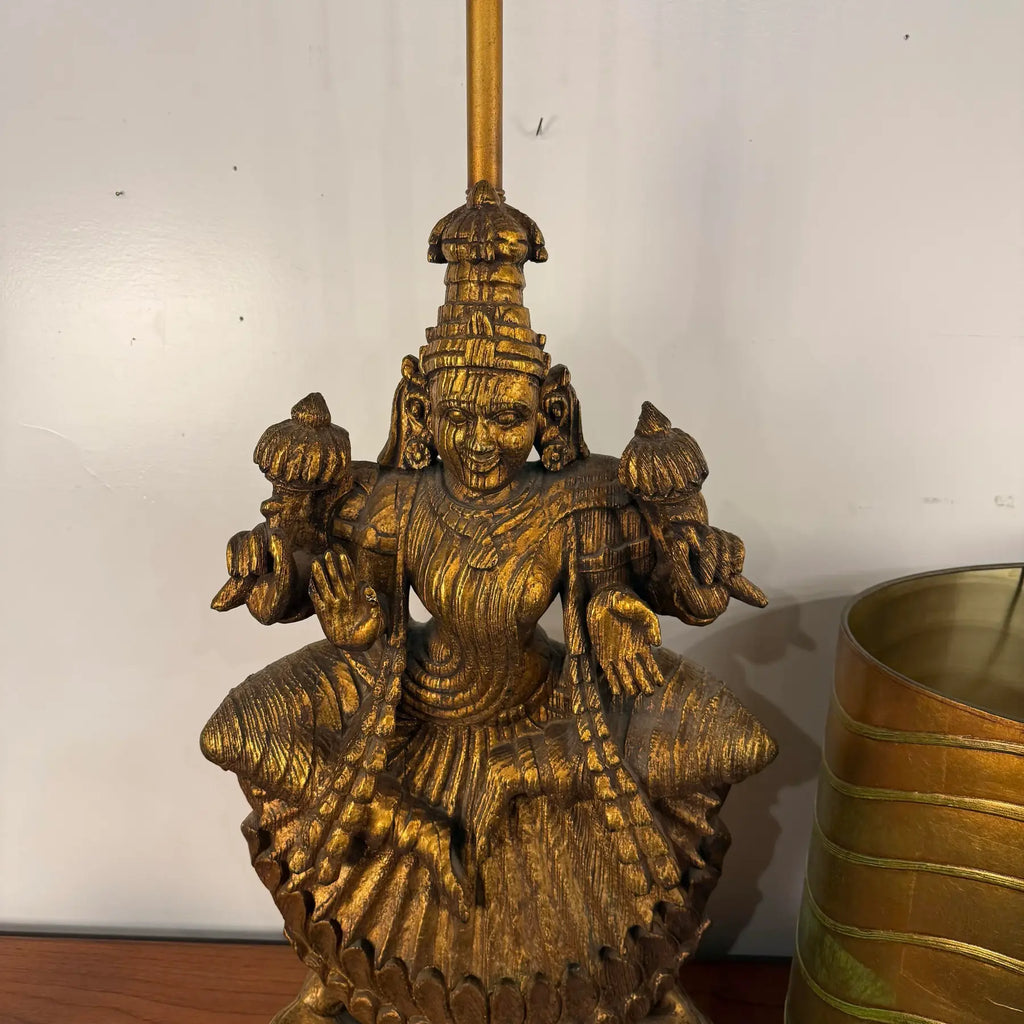 Large Indian Goddess Chalkware Table Lamp With Gold and Green Patina, 1950s
