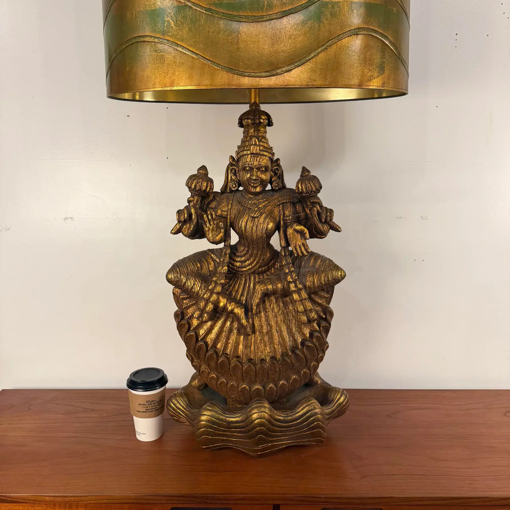 Large Indian Goddess Chalkware Table Lamp With Gold and Green Patina, 1950s