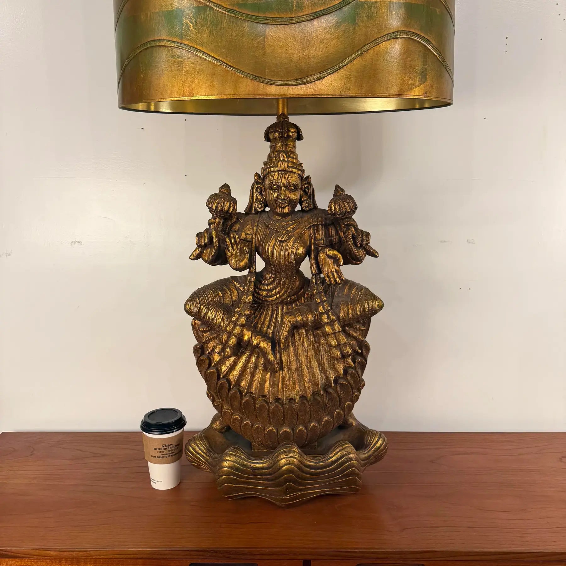 Large Indian Goddess Chalkware Table Lamp With Gold and Green Patina, 1950s