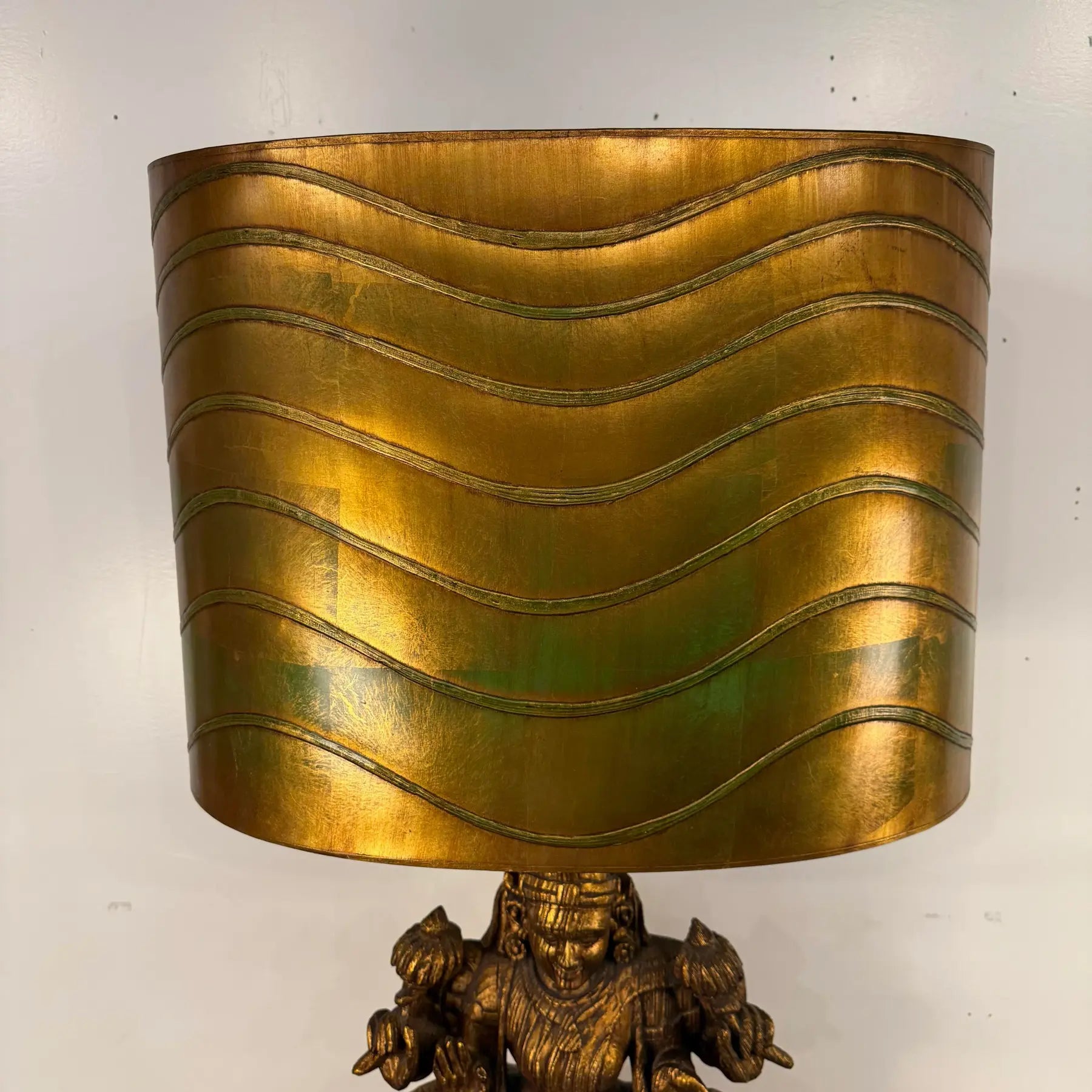 Large Indian Goddess Chalkware Table Lamp With Gold and Green Patina, 1950s