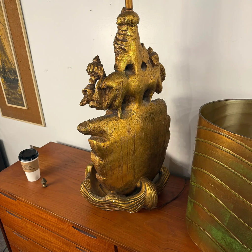 Large Indian Goddess Chalkware Table Lamp With Gold and Green Patina, 1950s