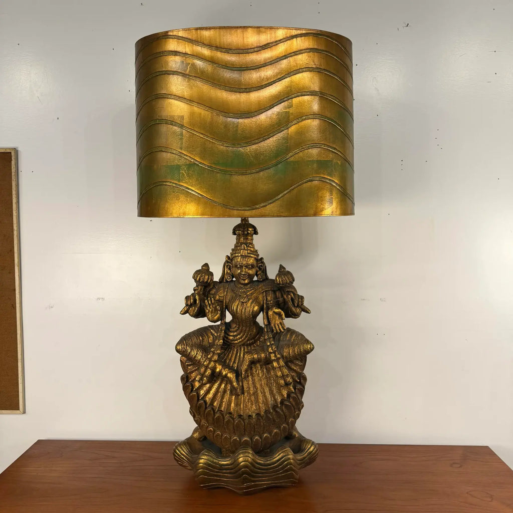 Large Indian Goddess Chalkware Table Lamp With Gold and Green Patina, 1950s