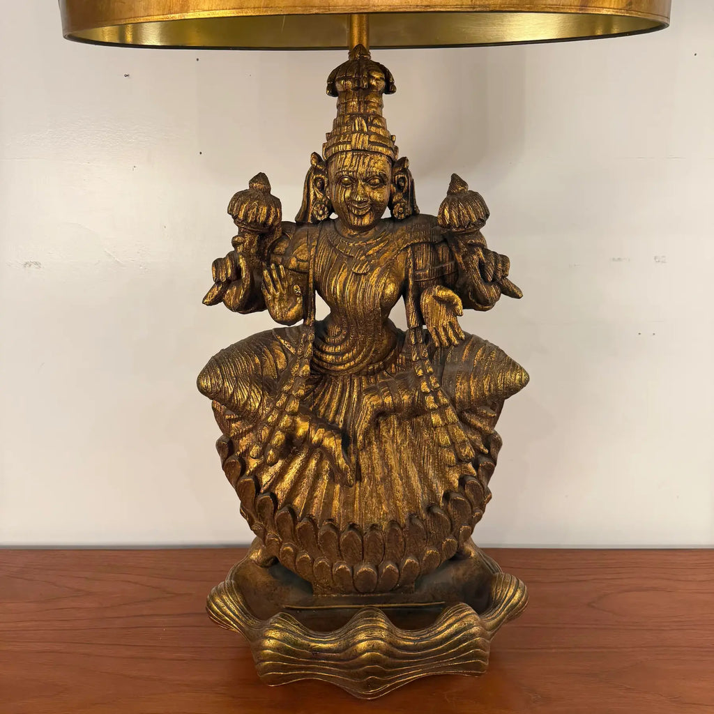 Large Indian Goddess Chalkware Table Lamp With Gold and Green Patina, 1950s
