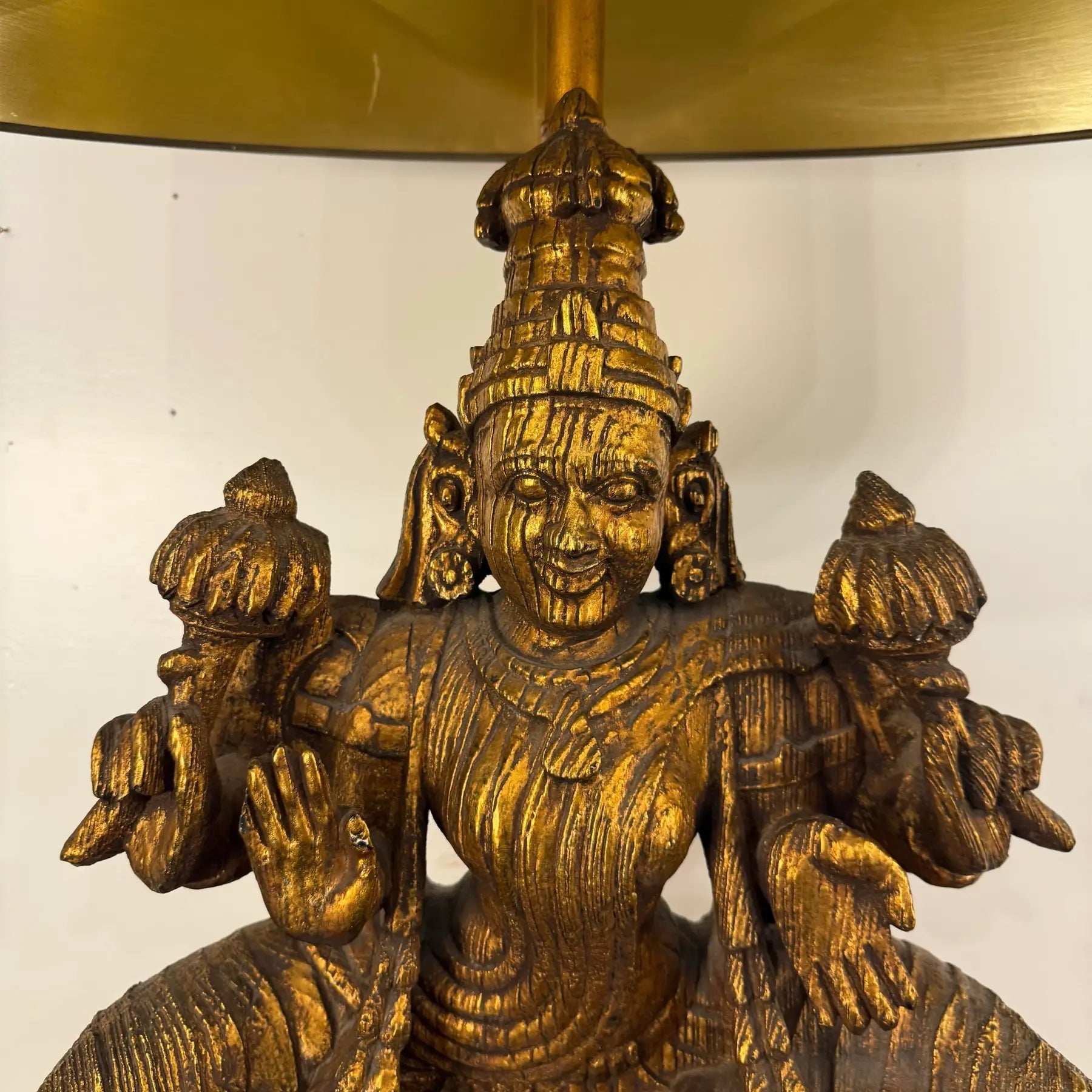 Large Indian Goddess Chalkware Table Lamp With Gold and Green Patina, 1950s