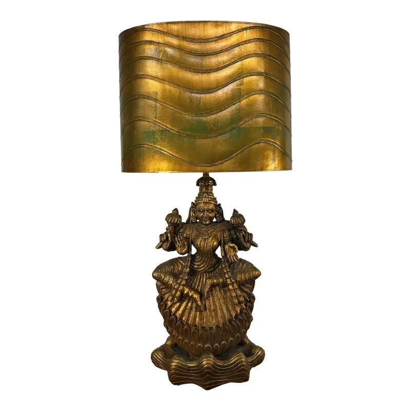 Large Indian Goddess Chalkware Table Lamp With Gold and Green Patina, 1950s