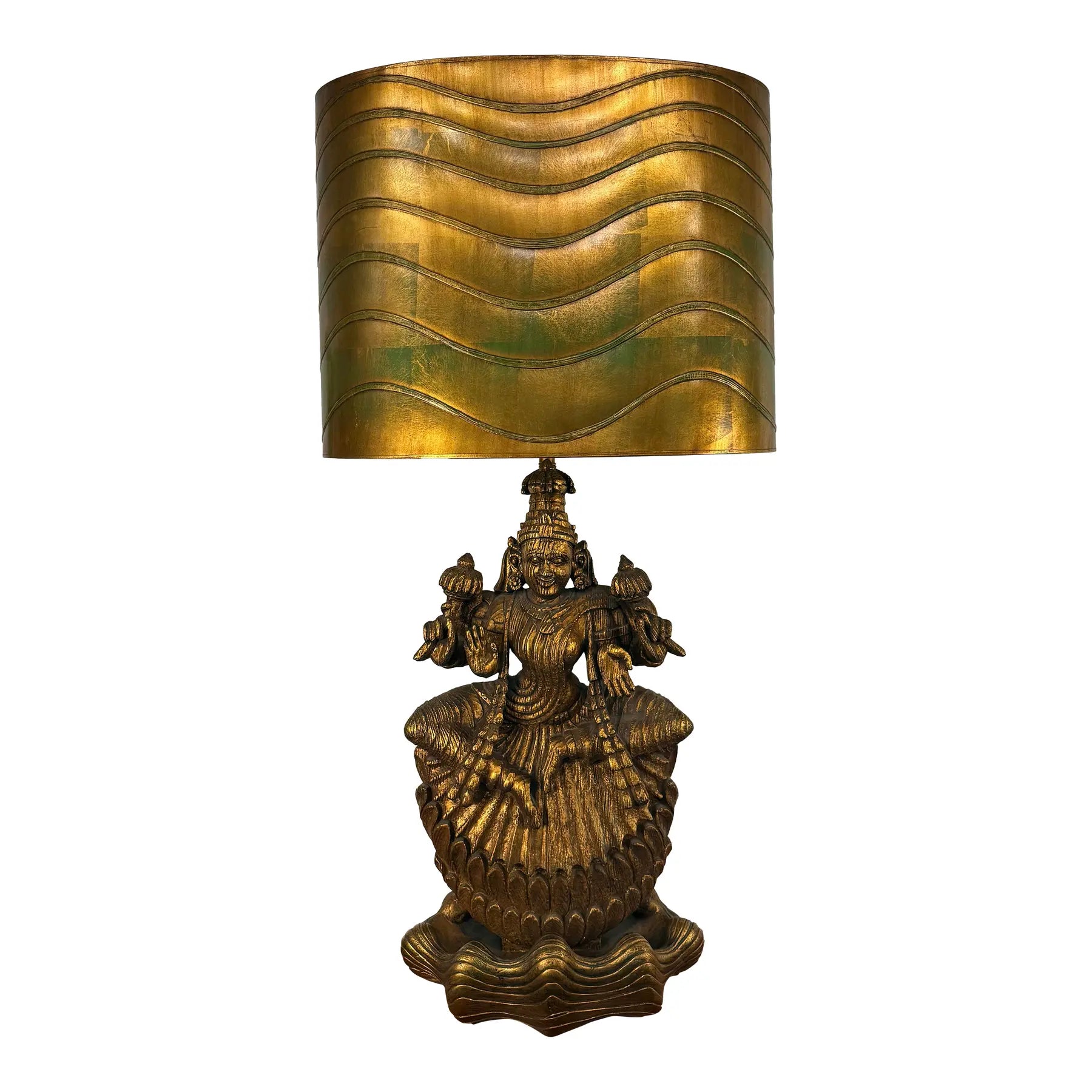 Large Indian Goddess Chalkware Table Lamp With Gold and Green Patina, 1950s
