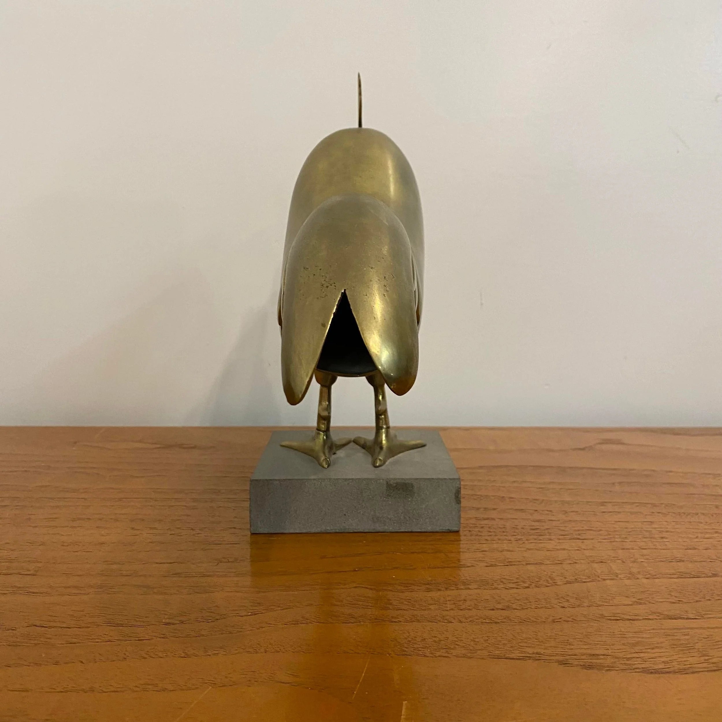 Large Italian Brass Rooster Chicken Statue on Stone Base