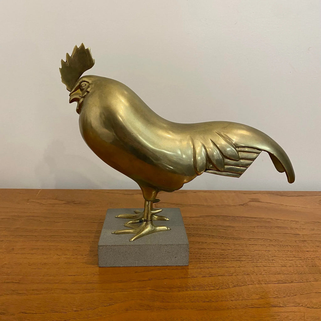 Large Italian Brass Rooster Chicken Statue on Stone Base