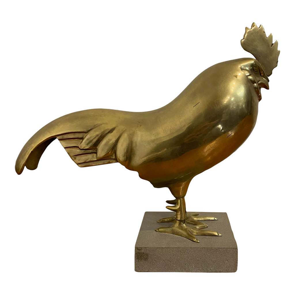 Large Italian Brass Rooster Chicken Statue on Stone Base
