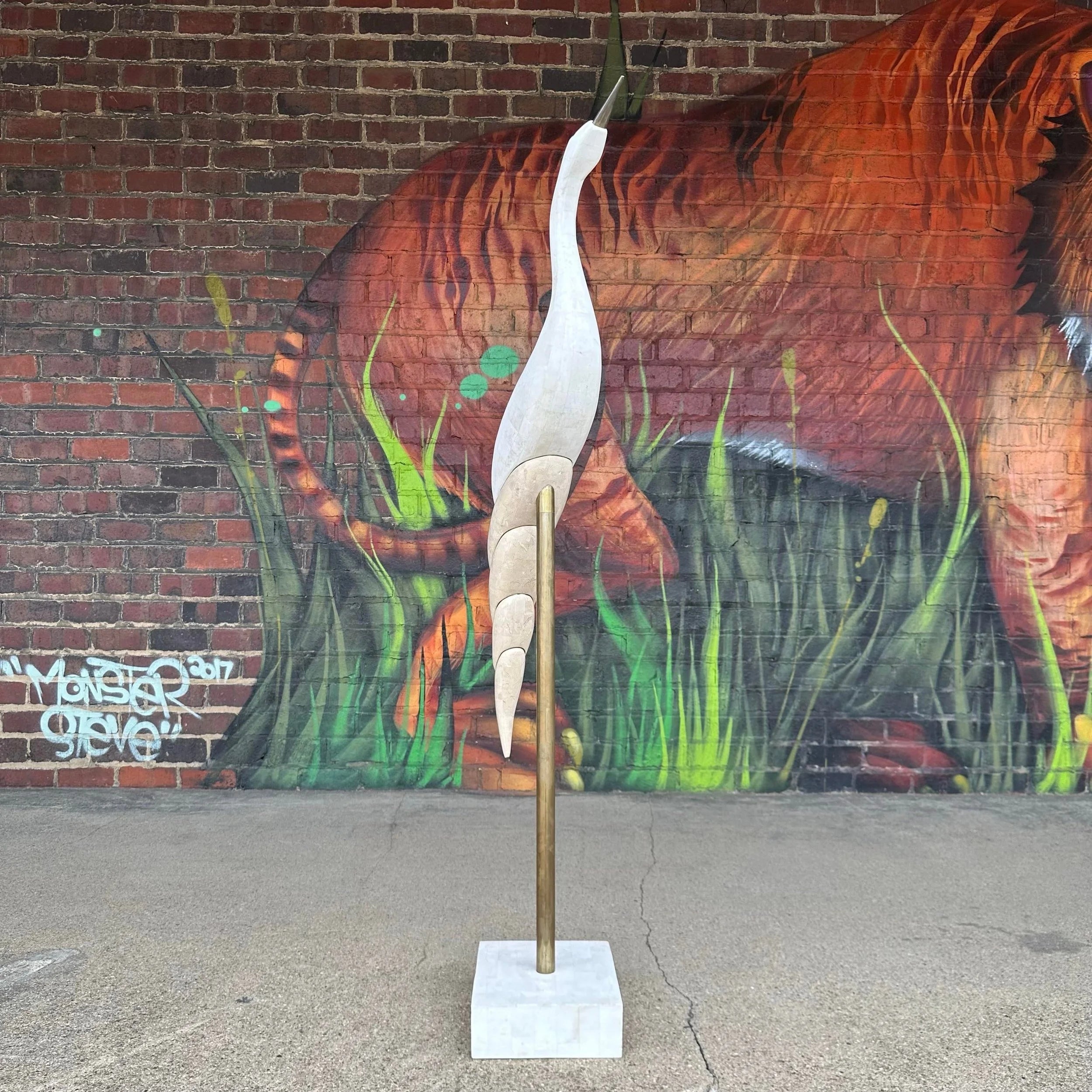 Large Maitland Smith Tessellated Marble Crane Sculpture