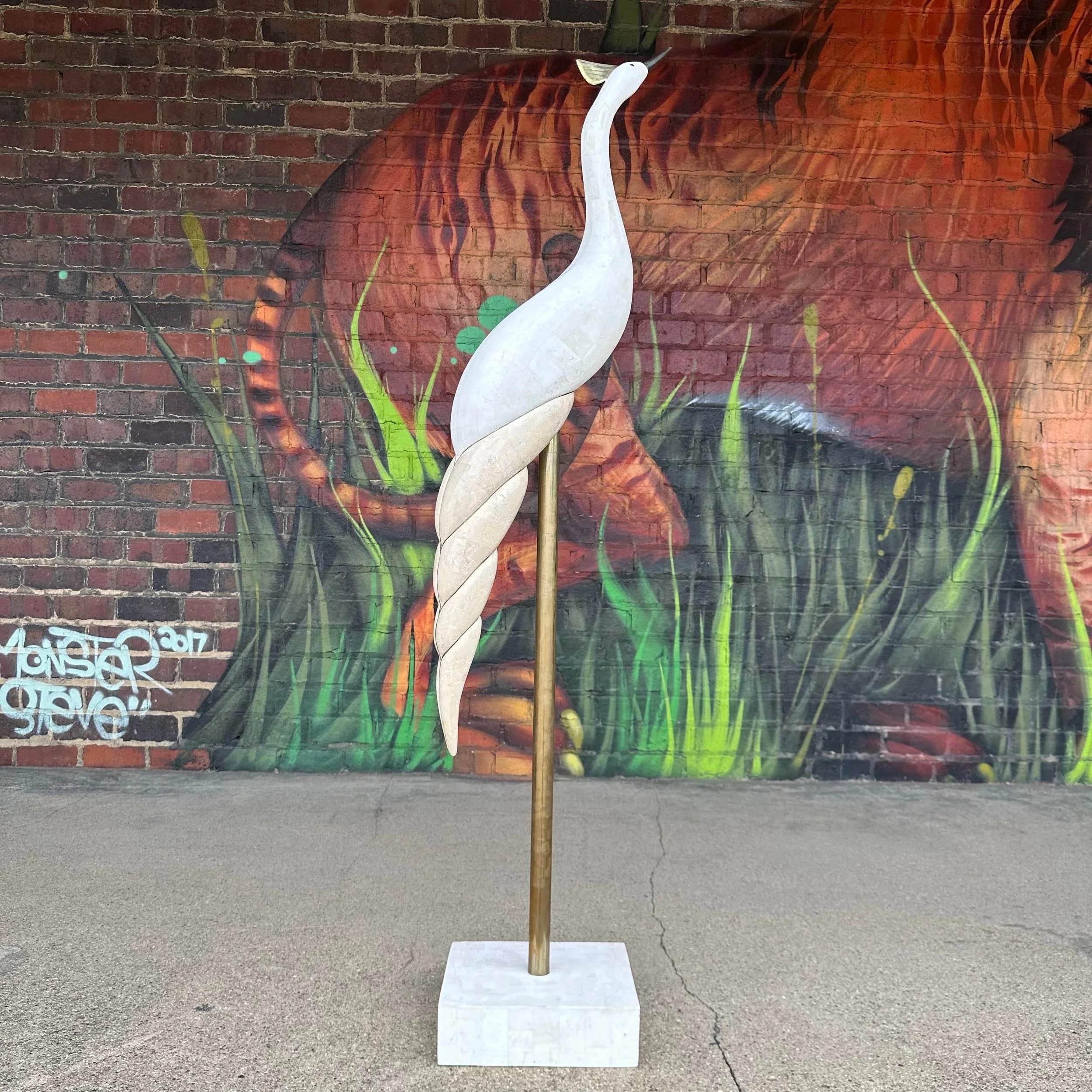 Large Maitland Smith Tessellated Marble Crane Sculpture