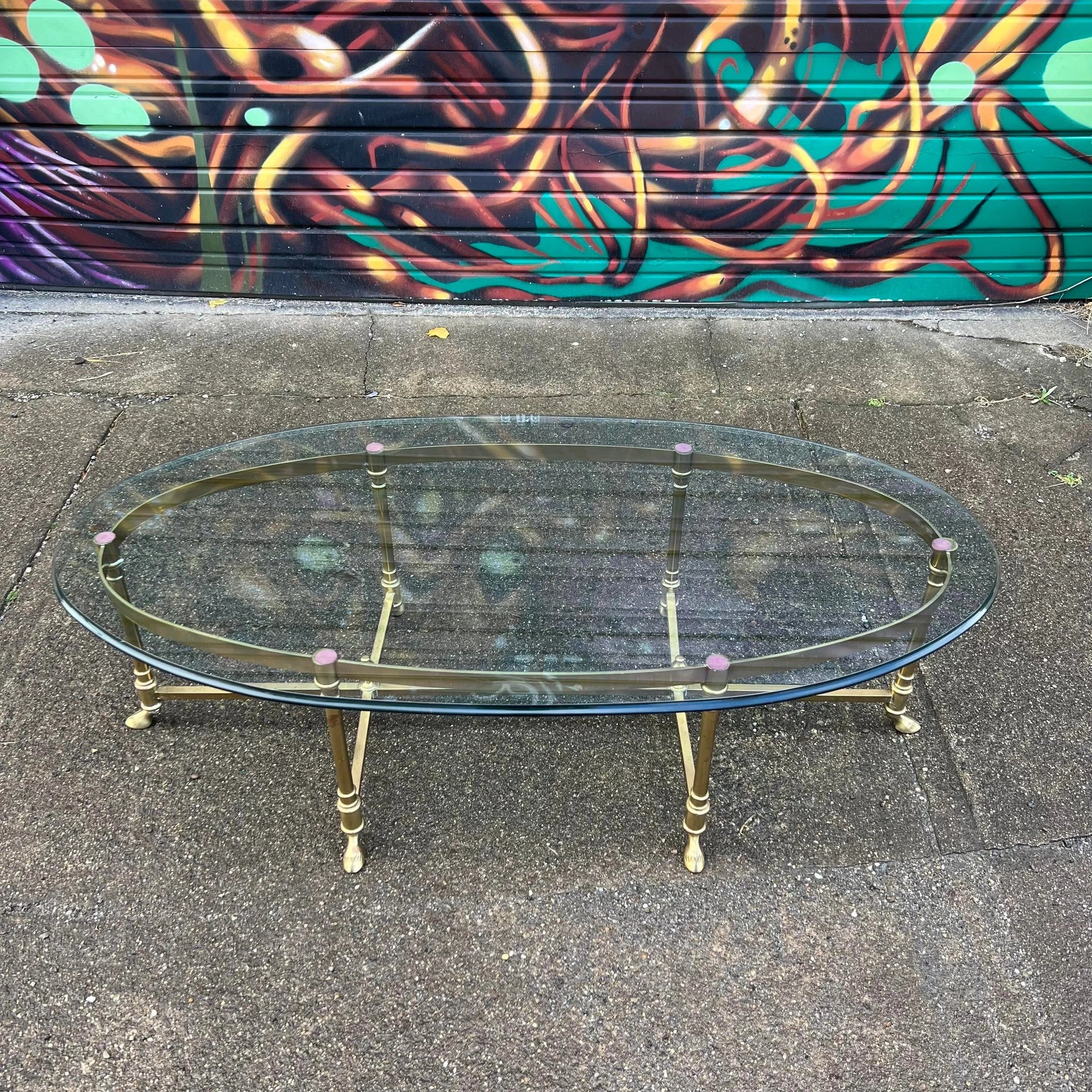 Large Racetrack Labarge Glass and Brass Oval Coffee Table