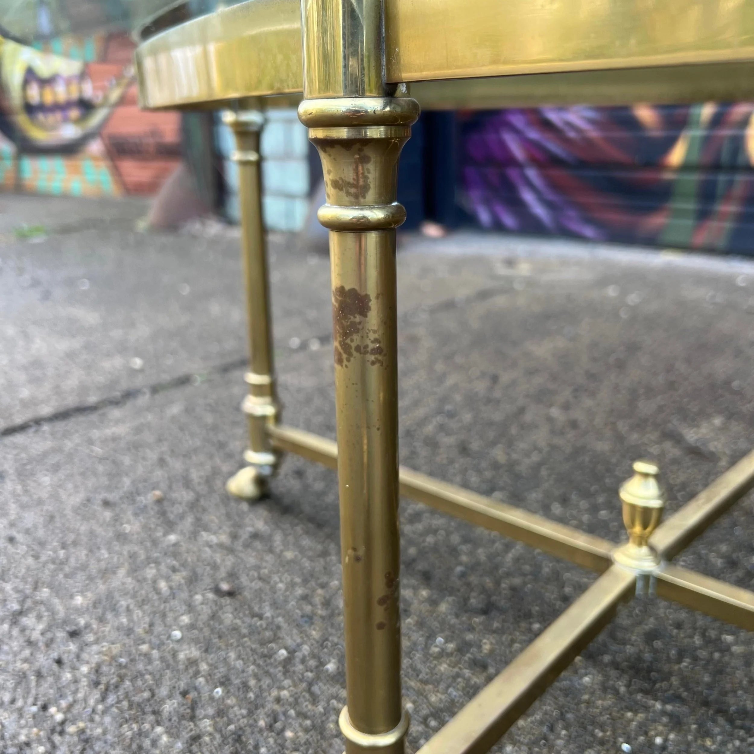 Large Racetrack Labarge Glass and Brass Oval Coffee Table