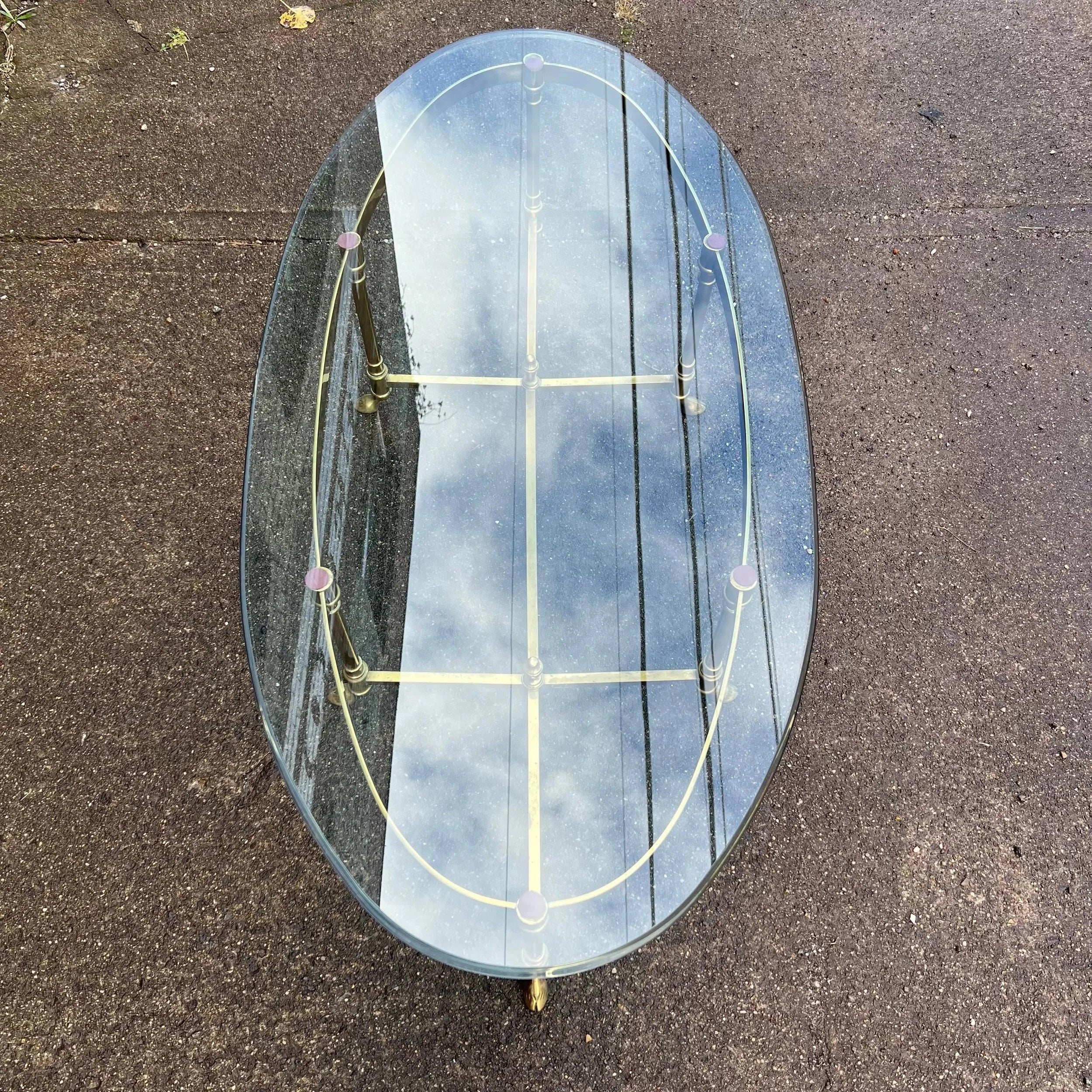 Large Racetrack Labarge Glass and Brass Oval Coffee Table