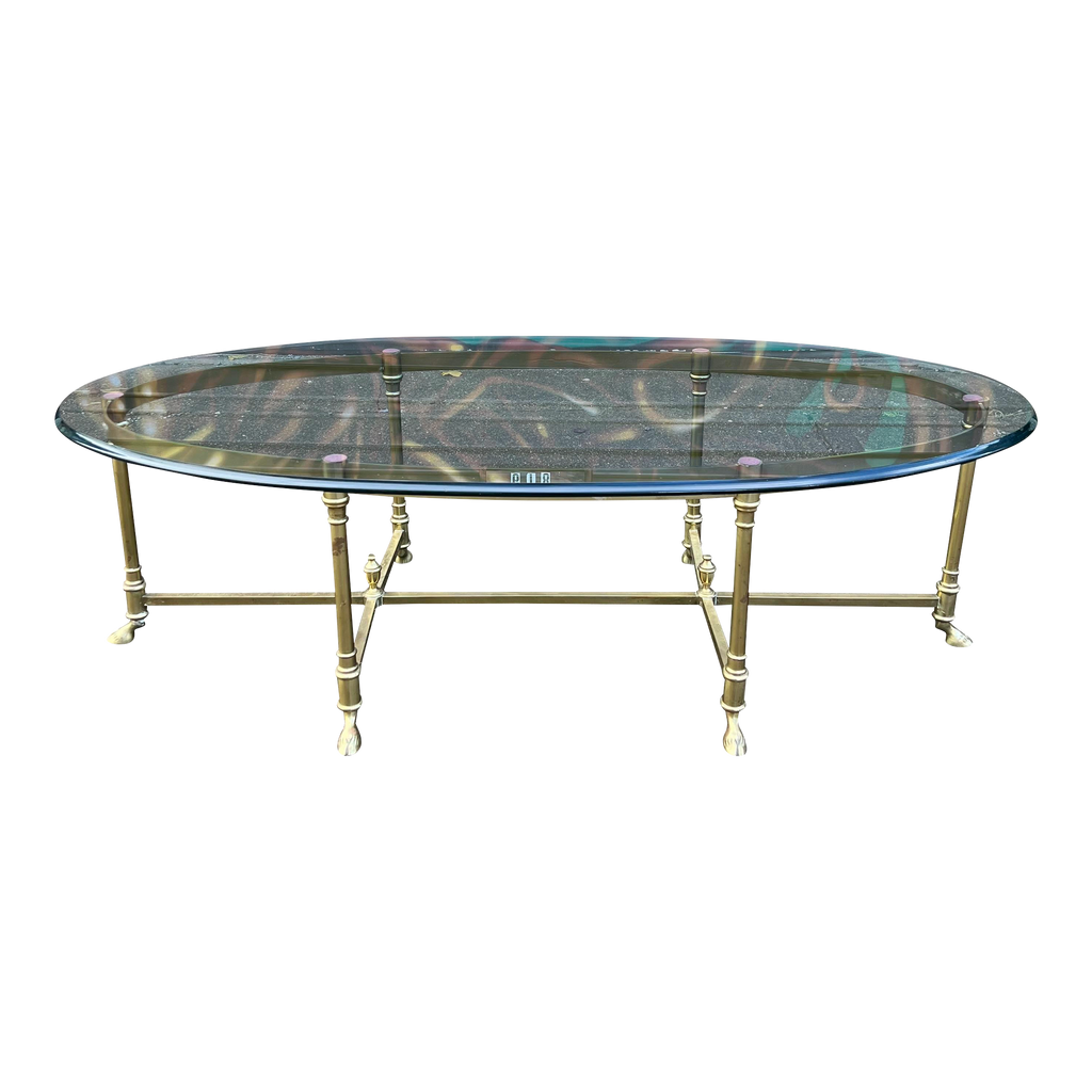 Large Racetrack Labarge Glass and Brass Oval Coffee Table
