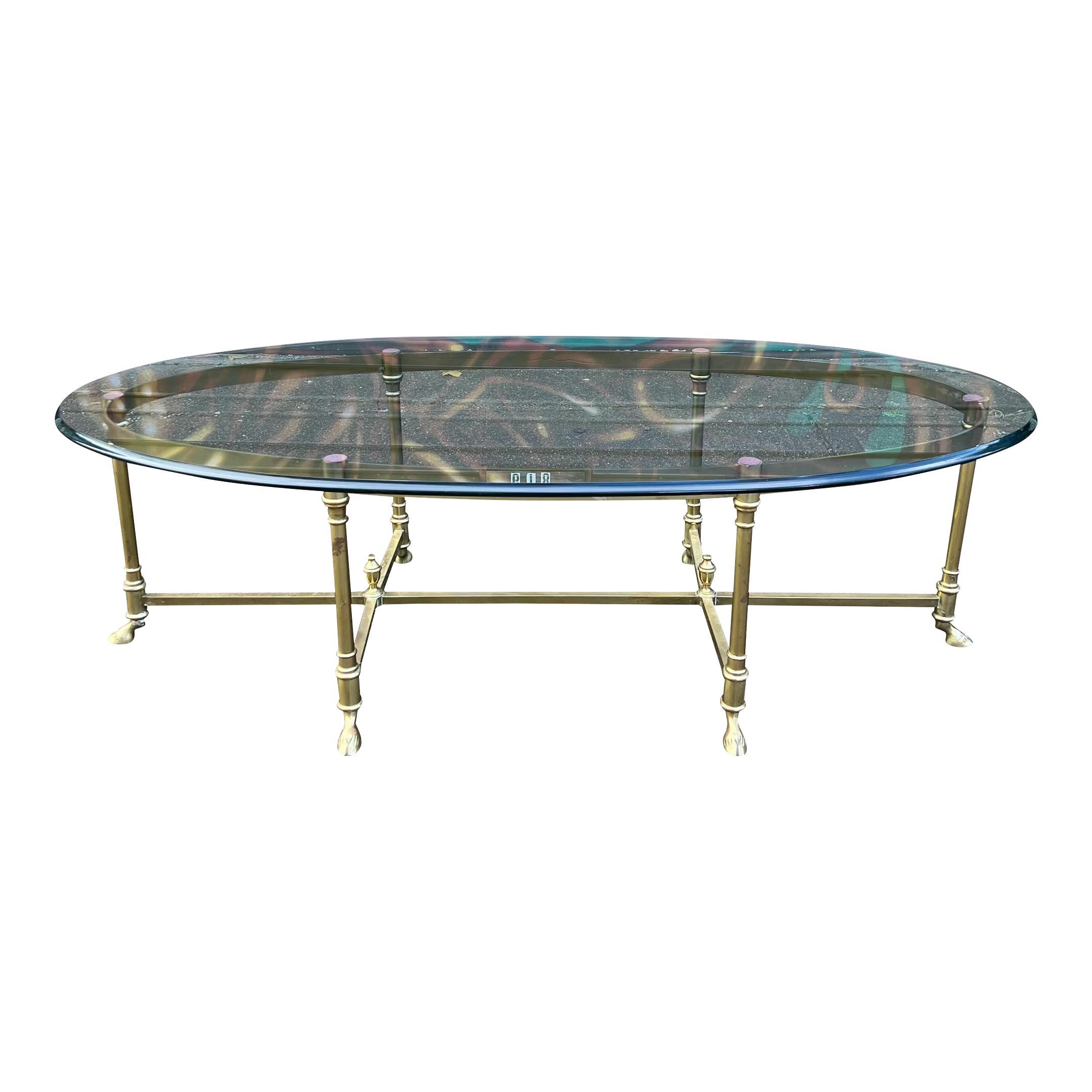 Large Racetrack Labarge Glass and Brass Oval Coffee Table