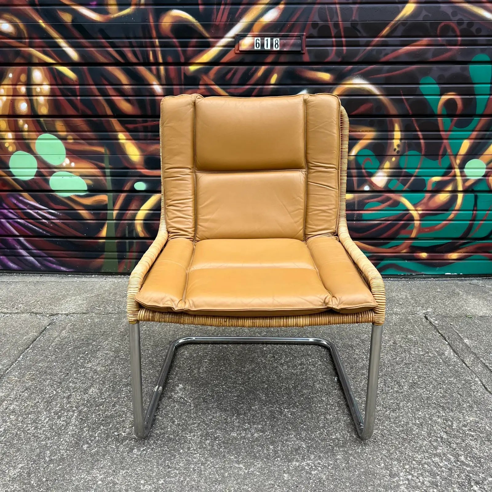 Leather and Rattan Chrome Cantaliver Side Chair Office