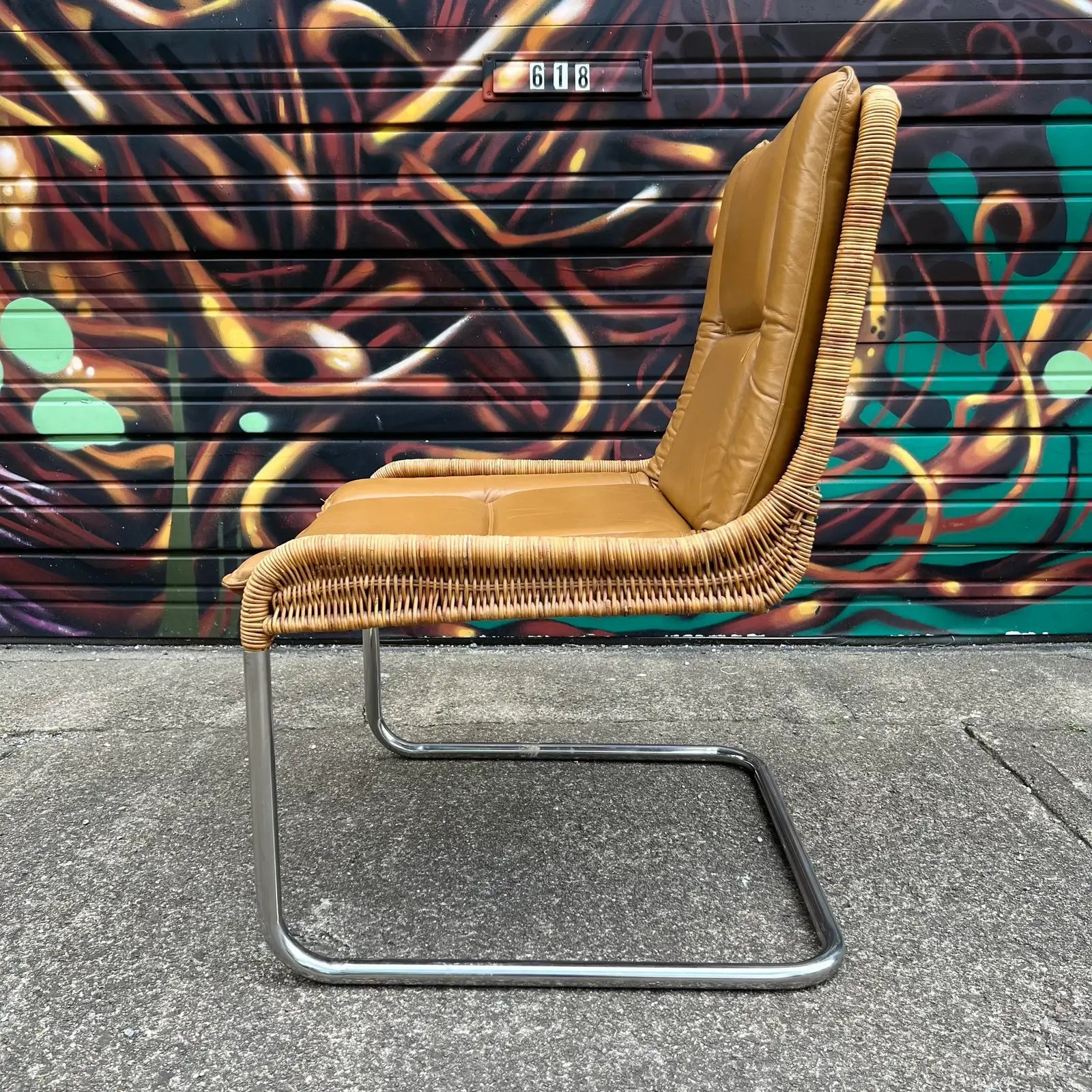 Leather and Rattan Chrome Cantaliver Side Chair Office